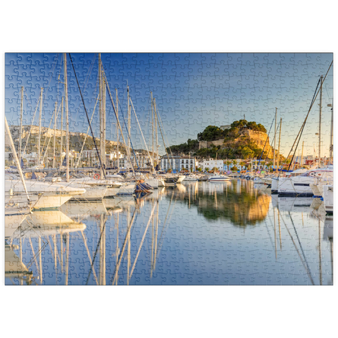 puzzleplate Abend am Hafen mit dem Castillo in Denia, Costa Blanca, Spanien 500 Puzzle