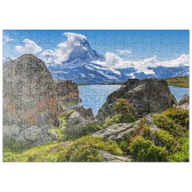 Darstellung des Puzzle-Motivs Bergsee Stellisee mit dem Matterhorn (4478m) – Puzzleteile: 200