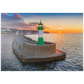 Darstellung des Puzzle-Motivs Leuchtturm bei Sonnenaufgang an der Hafenmole – Puzzleteile: 1000