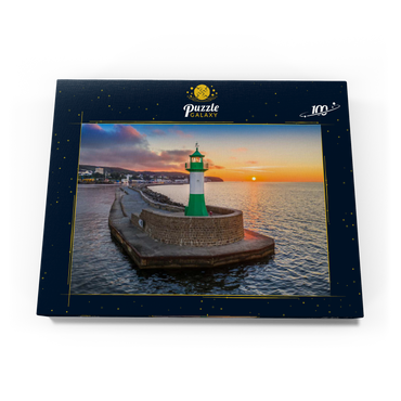 Leuchtturm bei Sonnenaufgang an der Hafenmole, Ostmole an der Hafeneinfahrt zum Stadthafen 100 Puzzle Schachtel Ansicht3