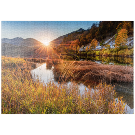Darstellung des Puzzle-Motivs Sonnenuntergang am Weitsee zwischen Ruhpolding und Reit im Winkl, Chiemgau, Oberbayern – Puzzleteile: 1000
