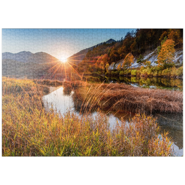 puzzleplate Sonnenuntergang am Weitsee zwischen Ruhpolding und Reit im Winkl, Chiemgau, Oberbayern 1000 Puzzle