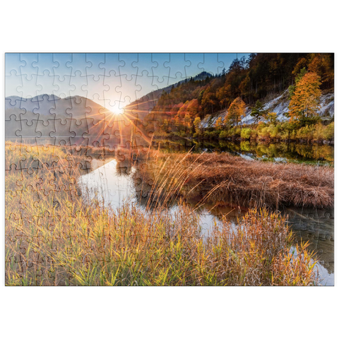puzzleplate Sonnenuntergang am Weitsee zwischen Ruhpolding und Reit im Winkl, Chiemgau, Oberbayern 200 Puzzle