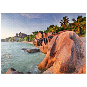 Darstellung des Puzzle-Motivs Granitfelsen am Strand Anse Source d' Argent, Insel La Digue, Seychellen – Puzzleteile: 1000