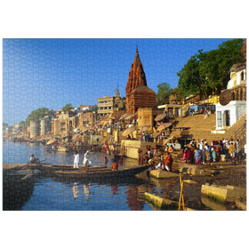 Darstellung des Puzzle-Motivs Heiliger Fluß Ganges mit Bade-Ghats in Varanasi, Uttah Pradesh, Indien – Puzzleteile: 1000