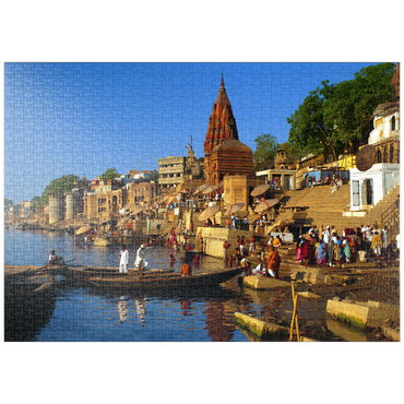 puzzleplate Heiliger Fluß Ganges mit Bade-Ghats in Varanasi, Uttah Pradesh, Indien 1000 Puzzle