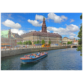 Darstellung des Puzzle-Motivs Schloss Christiansborg auf der Insel Slotsholmen am Holmenskanal, Kopenhagen, Dänemark – Puzzleteile: 1000