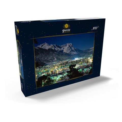 Blick über Garmisch-Partenkirchen zur Zugspitzgruppe (2962m) bei Nacht, Oberbayern 1000 Puzzle Schachtel Ansicht2