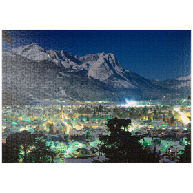Darstellung des Puzzle-Motivs Blick über Garmisch-Partenkirchen zur Zugspitzgruppe (2962m) bei Nacht, Oberbayern – Puzzleteile: 1000