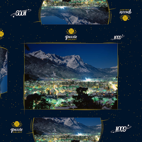 Blick über Garmisch-Partenkirchen zur Zugspitzgruppe (2962m) bei Nacht, Oberbayern 1000 Puzzle Schachtel 3D Modell