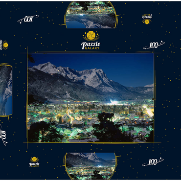Blick über Garmisch-Partenkirchen zur Zugspitzgruppe (2962m) bei Nacht, Oberbayern 100 Puzzle Schachtel 3D Modell