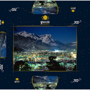 Blick über Garmisch-Partenkirchen zur Zugspitzgruppe (2962m) bei Nacht, Oberbayern 200 Puzzle Schachtel 3D Modell