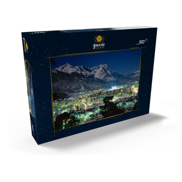 Blick über Garmisch-Partenkirchen zur Zugspitzgruppe (2962m) bei Nacht, Oberbayern 500 Puzzle Schachtel Ansicht2