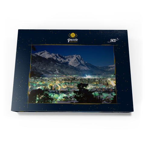 Blick über Garmisch-Partenkirchen zur Zugspitzgruppe (2962m) bei Nacht, Oberbayern 500 Puzzle Schachtel Ansicht3