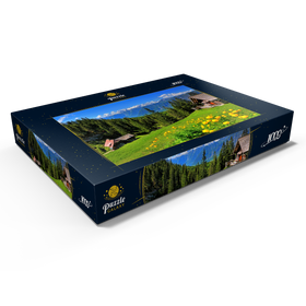 Darstellung des Puzzle Motivs Berghütten auf der Hütteneckalm mit Blick zum Dachstein (2995m) - Puzzleteile: 1000