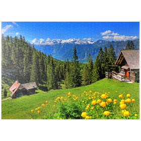 Darstellung des Puzzle-Motivs Berghütten auf der Hütteneckalm mit Blick zum Dachstein (2995m) – Puzzleteile: 1000