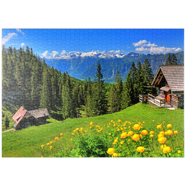 puzzleplate Berghütten auf der Hütteneckalm mit Blick auf den Hallstättersee und zum Dachstein (2995m) 1000 Puzzle
