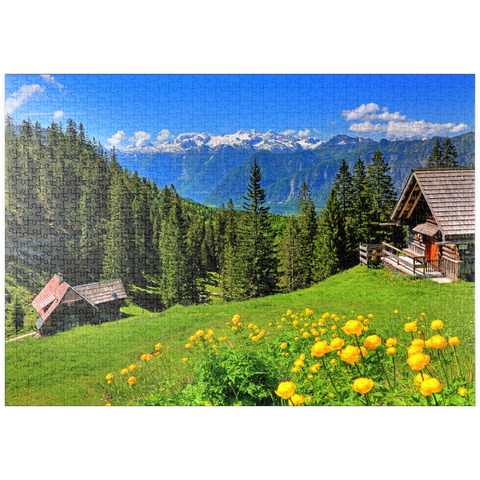puzzleplate Berghütten auf der Hütteneckalm mit Blick auf den Hallstättersee und zum Dachstein (2995m) 1000 Puzzle