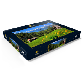 Darstellung des Puzzle Motivs Berghütten auf der Hütteneckalm mit Blick zum Dachstein (2995m) - Puzzleteile: 100