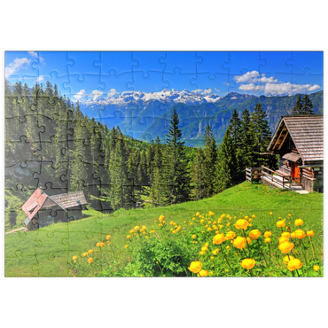 puzzleplate Berghütten auf der Hütteneckalm mit Blick auf den Hallstättersee und zum Dachstein (2995m) 100 Puzzle