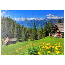 Darstellung des Puzzle Motivs Berghütten auf der Hütteneckalm mit Blick zum Dachstein (2995m) - Puzzleteile: 100