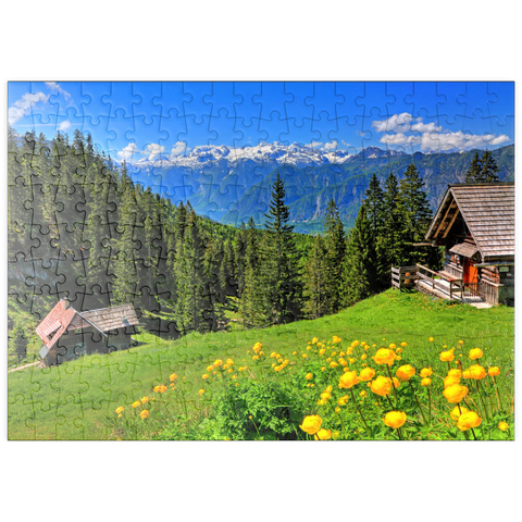 puzzleplate Berghütten auf der Hütteneckalm mit Blick auf den Hallstättersee und zum Dachstein (2995m) 200 Puzzle