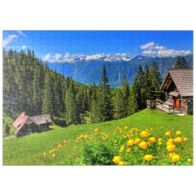Darstellung des Puzzle-Motivs Berghütten auf der Hütteneckalm mit Blick zum Dachstein (2995m) – Puzzleteile: 500