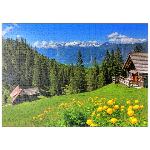 puzzleplate Berghütten auf der Hütteneckalm mit Blick auf den Hallstättersee und zum Dachstein (2995m) 500 Puzzle