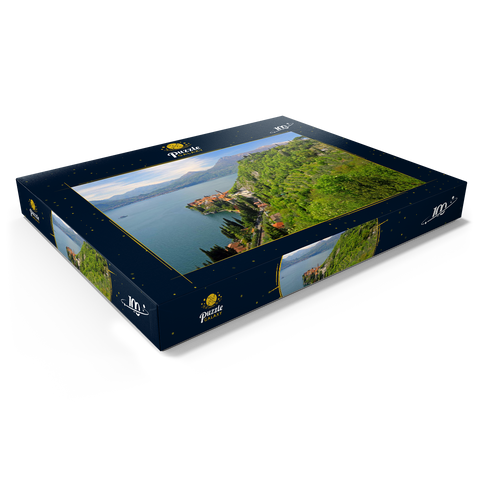 Blick auf den See, den Ort und zum Kastell Vezio, Varenna, Comer See, Provinz Lecco, Lombardei, Italien 100 Puzzle Schachtel Ansicht1