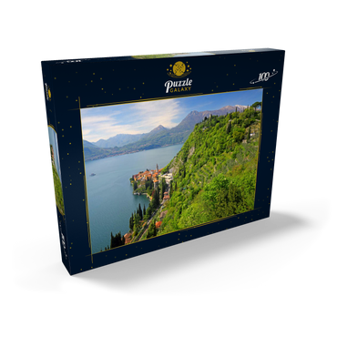 Blick auf den See, den Ort und zum Kastell Vezio, Varenna, Comer See, Provinz Lecco, Lombardei, Italien 100 Puzzle Schachtel Ansicht2