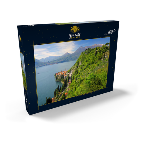 Blick auf den See, den Ort und zum Kastell Vezio, Varenna, Comer See, Provinz Lecco, Lombardei, Italien 100 Puzzle Schachtel Ansicht2