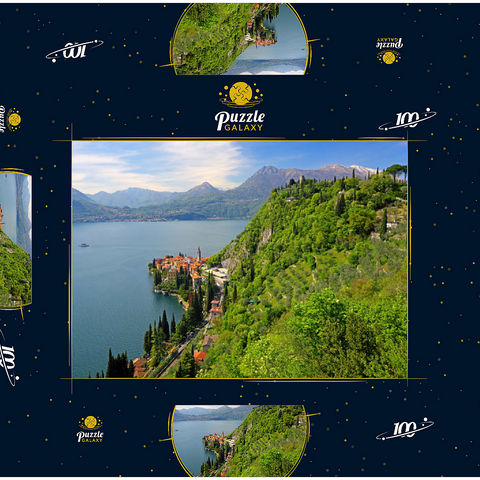 Blick auf den See, den Ort und zum Kastell Vezio, Varenna, Comer See, Provinz Lecco, Lombardei, Italien 100 Puzzle Schachtel 3D Modell
