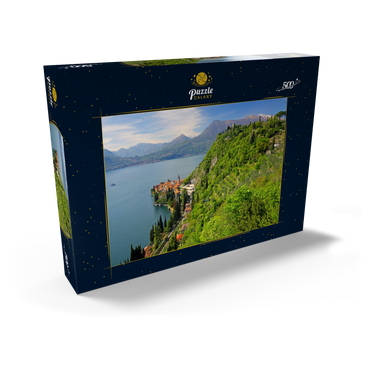 Blick auf den See, den Ort und zum Kastell Vezio, Varenna, Comer See, Provinz Lecco, Lombardei, Italien 500 Puzzle Schachtel Ansicht2