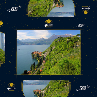 Blick auf den See, den Ort und zum Kastell Vezio, Varenna, Comer See, Provinz Lecco, Lombardei, Italien 500 Puzzle Schachtel 3D Modell
