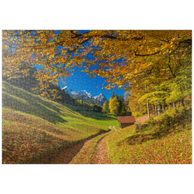 Darstellung des Puzzle-Motivs Bei Wamberg mit Alpspitze , Zugspitze (2962m) und Waxenstein, Garmisch-Partenkirchen – Puzzleteile: 1000