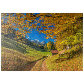 Darstellung des Puzzle-Motivs Bei Wamberg mit Alpspitze , Zugspitze (2962m) und Waxenstein, Garmisch-Partenkirchen – Puzzleteile: 500