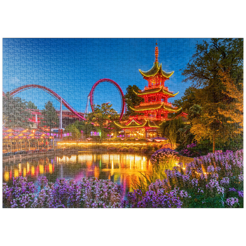puzzleplate Chinesische Pagode am Tivoli See im Vergnügungspark 1000 Puzzle