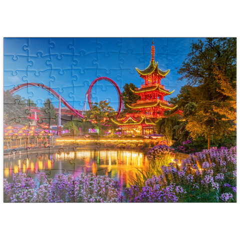 puzzleplate Chinesische Pagode am Tivoli See im Vergnügungspark 100 Puzzle