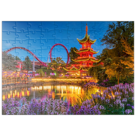 Darstellung des Puzzle Motivs Chinesische Pagode am Tivoli See im Vergnügungspark - Puzzleteile: 100