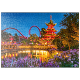 Darstellung des Puzzle-Motivs Chinesische Pagode am Tivoli See im Vergnügungspark – Puzzleteile: 500