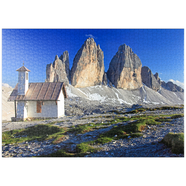 puzzleplate Kapelle an der Dreizinnenhütte gegen die Nordwände der Drei Zinnen, Sextner Dolomiten, Trentino-Südtirol 1000 Puzzle