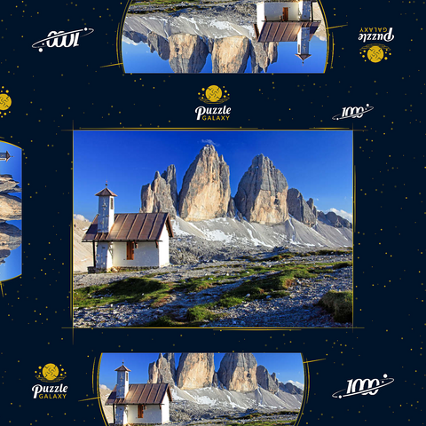 Kapelle an der Dreizinnenhütte gegen die Nordwände der Drei Zinnen, Sextner Dolomiten, Trentino-Südtirol 1000 Puzzle Schachtel 3D Modell