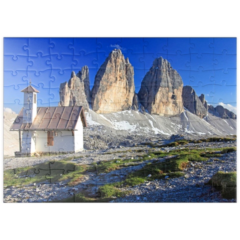 puzzleplate Kapelle an der Dreizinnenhütte gegen die Nordwände der Drei Zinnen, Sextner Dolomiten, Trentino-Südtirol 100 Puzzle