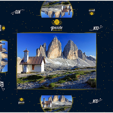 Kapelle an der Dreizinnenhütte gegen die Nordwände der Drei Zinnen, Sextner Dolomiten, Trentino-Südtirol 100 Puzzle Schachtel 3D Modell
