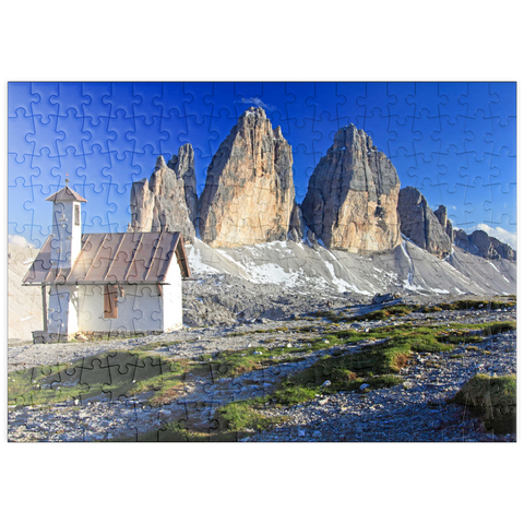 puzzleplate Kapelle an der Dreizinnenhütte gegen die Nordwände der Drei Zinnen, Sextner Dolomiten, Trentino-Südtirol 200 Puzzle