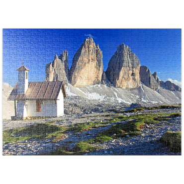 puzzleplate Kapelle an der Dreizinnenhütte gegen die Nordwände der Drei Zinnen, Sextner Dolomiten, Trentino-Südtirol 500 Puzzle