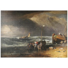 Darstellung des Puzzle-Motivs A Coast Scene with Fishermen Hauling a Boat Ashore – Puzzleteile: 1000
