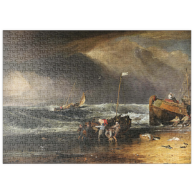 Darstellung des Puzzle-Motivs A Coast Scene with Fishermen Hauling a Boat Ashore – Puzzleteile: 500