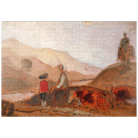 Darstellung des Puzzle Motivs Mountainous Landscape with Figures by a Lake - Puzzleteile: 1000