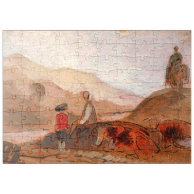 Darstellung des Puzzle Motivs Mountainous Landscape with Figures by a Lake - Puzzleteile: 100
